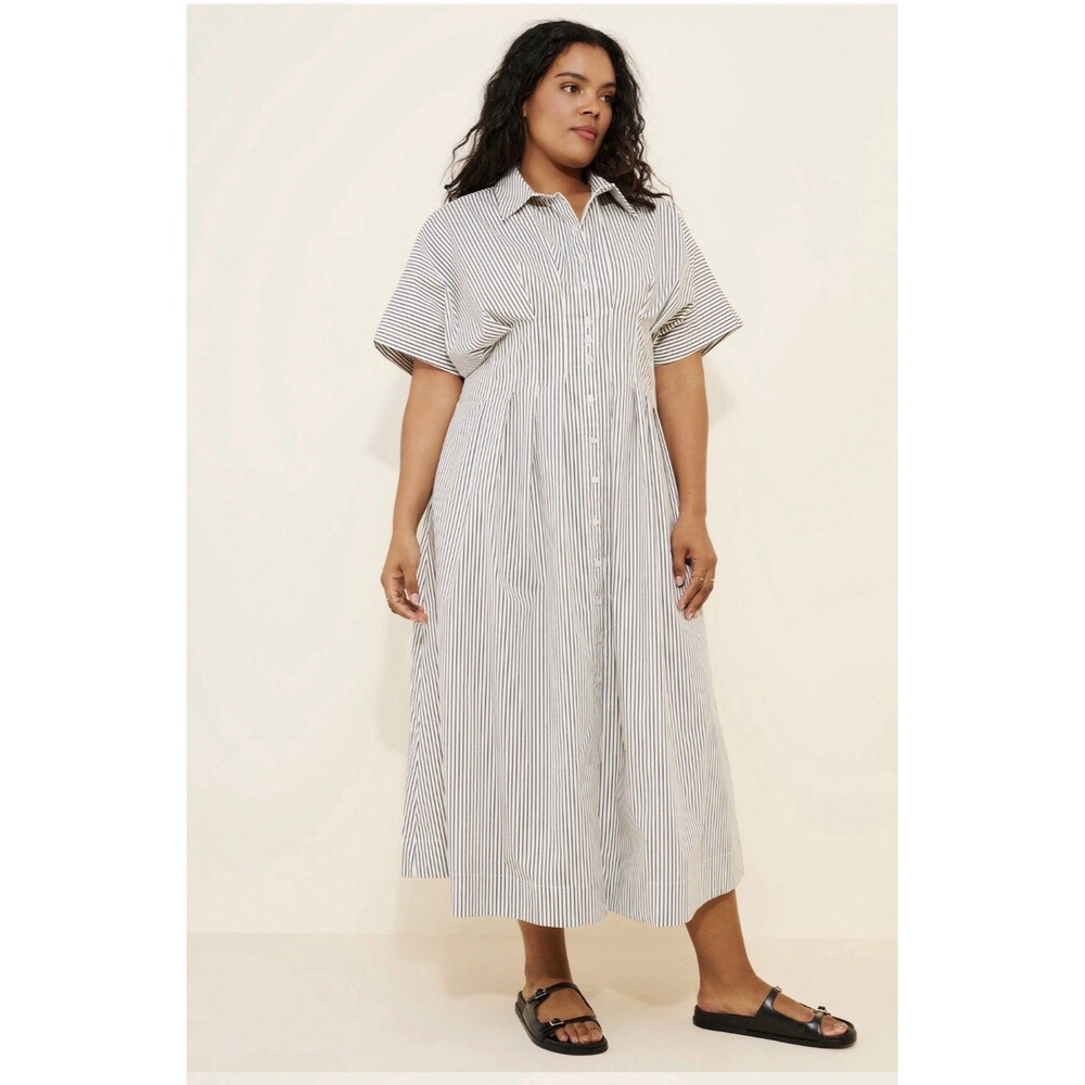 Exquise Black/White Striped Woven Button Front Shirt Dress Pockets Pleated L